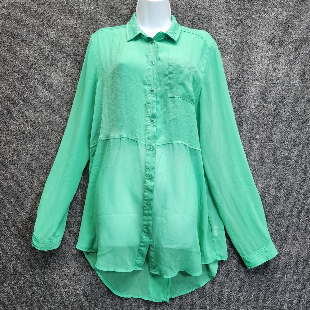Free People Womens Sheer Mixed Media Boho Oversized‎ Button Down Tunic Top L